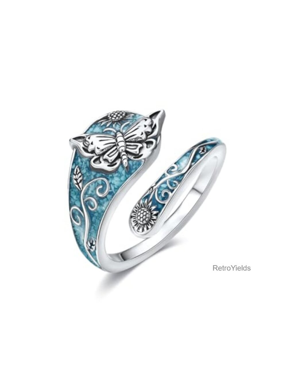 18K White Gold Plated Turquoise Butterfly Spoon Ring Adjustable